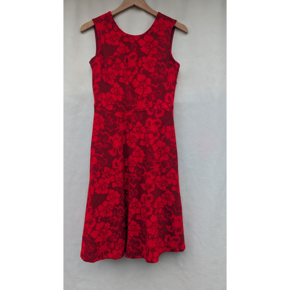 Lands End Floral Fit Flare Dress Womens 6 Red Burgundy Ponte Knit Pockets